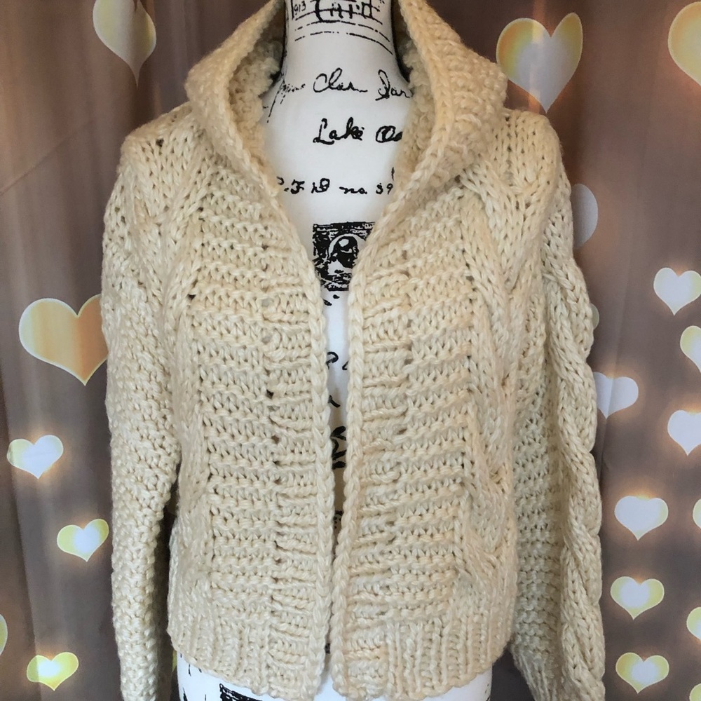 Chunky knit cardigan cream cable knit hoodie sweater womens long sleeve thick - Picture 13 of 15